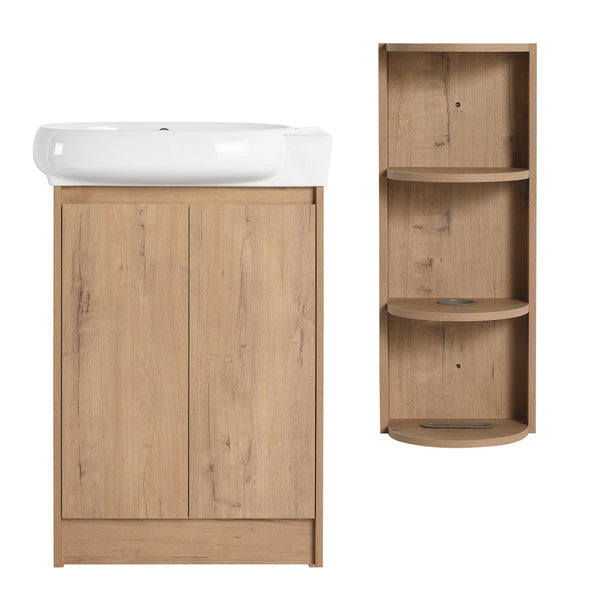 English Elm 23" Freestanding Ceramic Vessel Sink Vanity with Soft Close Cabinet and Wall Rack Imitative Oak W999S00491