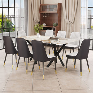 English Elm 1 Table and 8 Chairs Set.A Rectangular Dining Table With A 0.39-Inch Imitation Marble Tabletop and Black Metal Legs.Paired With 8 Chairs With Pu Leather Seat Cushion and Black Metal Legs.F-1538,C-007