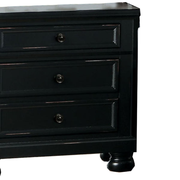 English Elm Transitional Black Wood Nightstand with Bun Legs and Three Drawer Hidden Storage B056P417105