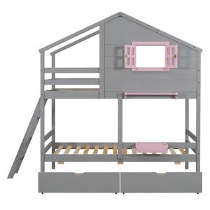 English Elm Twin Playhouse Bunk Bed Pinewood Frame with Pitched Roof Window Shelf and Storage Drawers Gray LT001608AAE-1