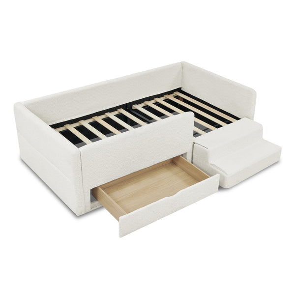 English Elm Twin Boucle Upholstered Kids Bed with Guardrails Built in Storage and Cushioned Step Stool Beige W1413P433364