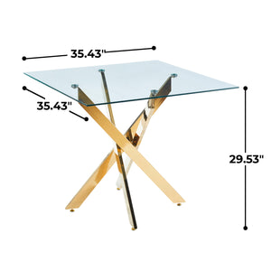 English Elm Dining Table Square Tempered Glass Top Cross Metal Base Modern Space Saving Design W234P235264