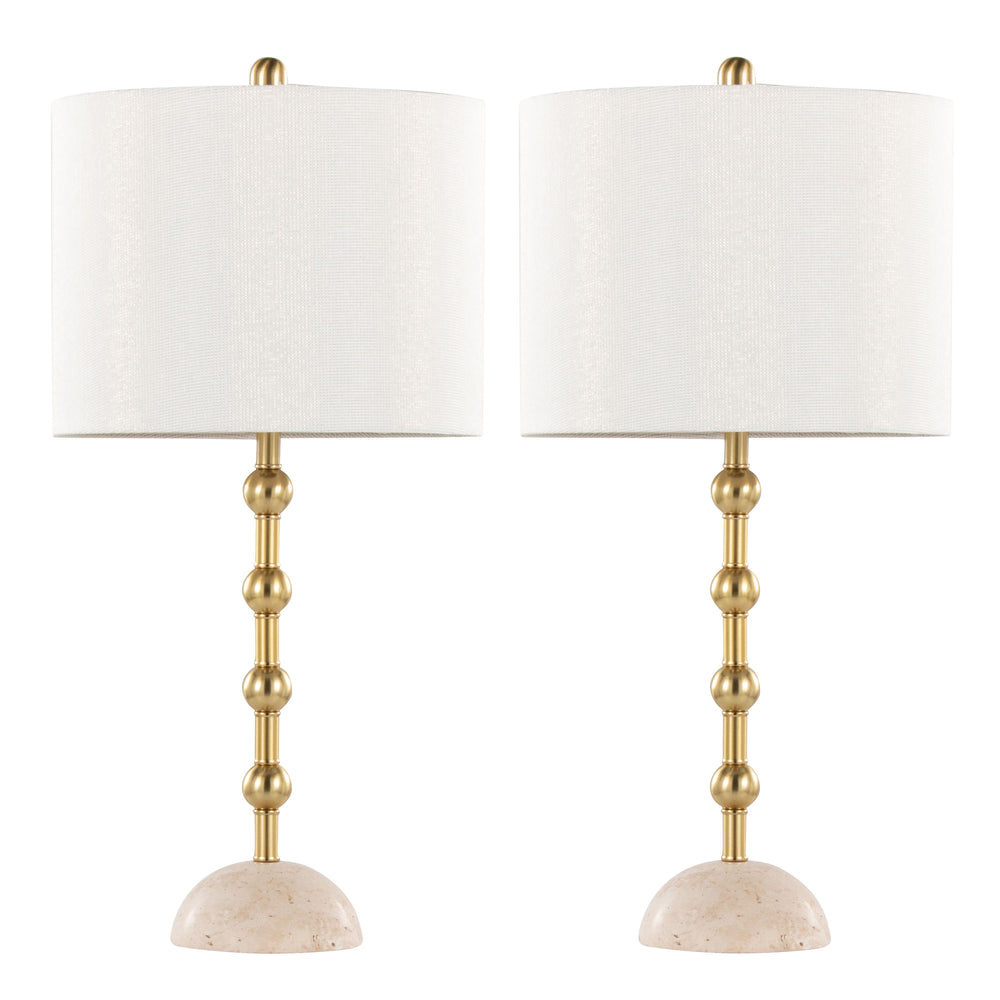 English Elm Table Lamp Set of 2 Travertine Stone Base with Brass Hardware and Warm Fabric Shade Gold,Off White B202P471584