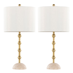 English Elm Table Lamp Set of 2 Travertine Stone Base with Brass Hardware and Warm Fabric Shade Gold,Off White B202P471584