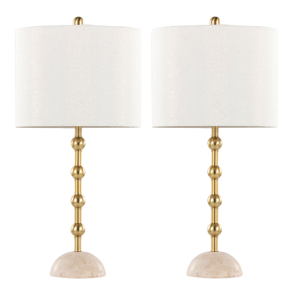 English Elm Table Lamp Set of 2 Travertine Stone Base with Brass Hardware and Warm Fabric Shade Gold,Off White B202P471584