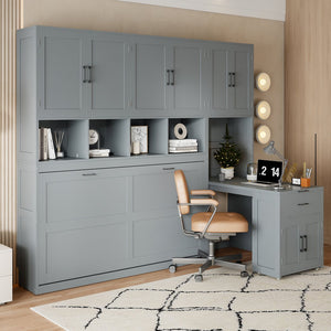 English Elm Twin Murphy Wall Bed with Integrated Closet Drawers and Desk for Studio Spaces Gray LP000595AAE-1