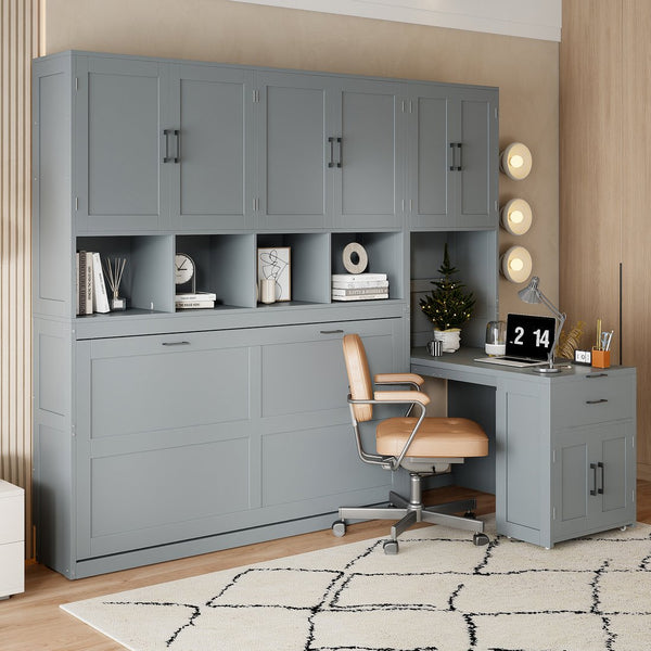 English Elm Twin Murphy Wall Bed with Integrated Closet Drawers and Desk for Studio Spaces Gray LP000595AAE-1