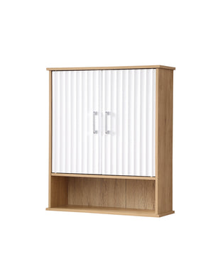 English Elm Bathroom Wall Cabinet White & Natural Wood with Wavy Doors, Adjustable Shelf, Bottom Storage, Easy Install W3151P288945