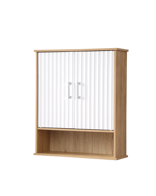 English Elm Bathroom Wall Cabinet White & Natural Wood with Wavy Doors, Adjustable Shelf, Bottom Storage, Easy Install W3151P288945