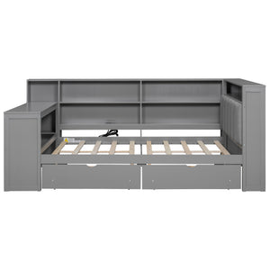 English Elm Wood Full Size Gaming Loft Bed with Integrated Desk, Shelves, LED Lighting & Hanging Clothes Rack Grey N7090001047E