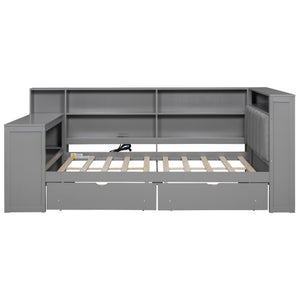 English Elm Wood Full Platform Bed with Led Headboard Built-in Desk Charging Station and Storage Shelves Grey N7090001047E-1