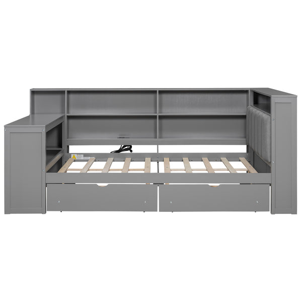 English Elm Wood Full Platform Bed with Led Headboard Built-in Desk Charging Station and Storage Shelves Grey N7090001047E-1