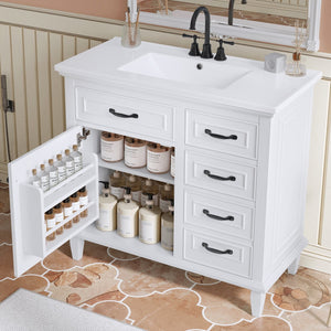 English Elm 36 Inch Bathroom Vanity - Modern Ceramic Sink, Solid Wood Frame, Adjustable Storage & Soft-Close Doors N725P336554K