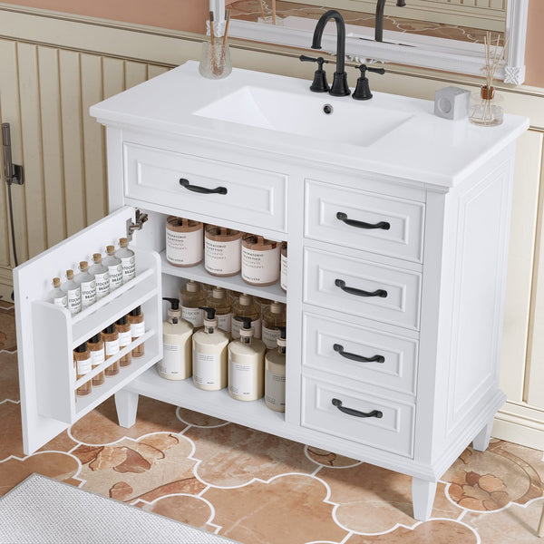 English Elm 36 Inch Bathroom Vanity - Modern Ceramic Sink, Solid Wood Frame, Adjustable Storage & Soft-Close Doors N725P336554K