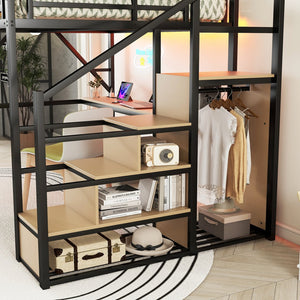 English Elm Queen Metal Loft Bed with Desk Stairs Rgb Lighting and Built-in Charging Station W2580S00053
