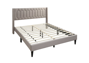 English Elm Modern Burlap Platform Bed Queen with Geometric Diamond Tufted Headboard, Sleek No-Box Spring Design Light Brown 66 L x 23 W x 9 H B011P238959