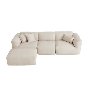 English Elm U_style Cut Velvet Four Seat Sofa with Detachable Ottoman and Piped Tailored Cushions Beige WY000464AAA