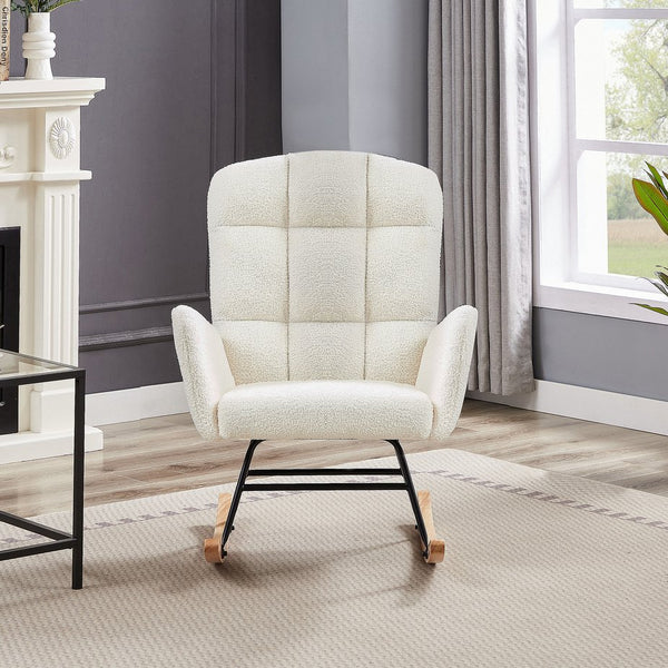 English Elm Cream Plush Teddy Fabric Rocking Armchair with High Back Support for Nursery Cream White W3985P404154