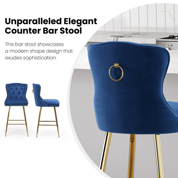 English Elm Bar Stools Set Of 2, Luxurious Velvet Wing-Back Chairs With Gold Metal Legs For Modern Dining Spaces T3623P363068
