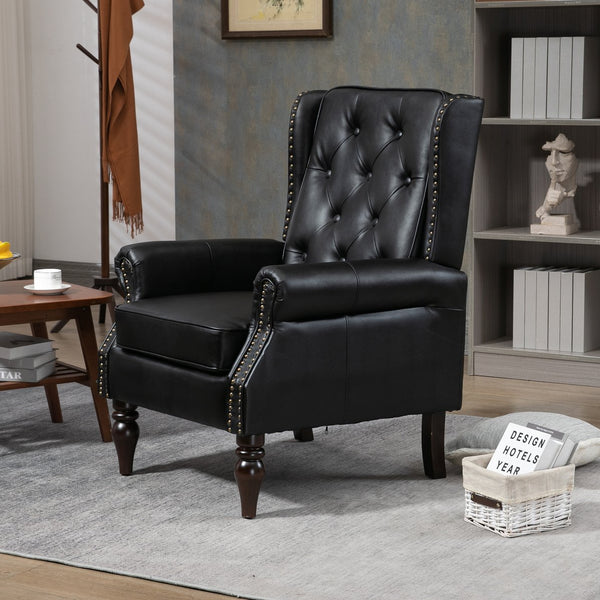 English Elm Wood Solid Frame Armchair Modern Accent Lounge Chair with Padded Foam Seat and Sturdy Rubberwood Legs Black PU W395109979
