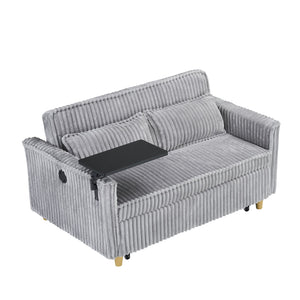 English Elm The pull-out and push-in corduroy sofa with convertible bed, movable tabletop and built-in USB ports Gray W3371P316050