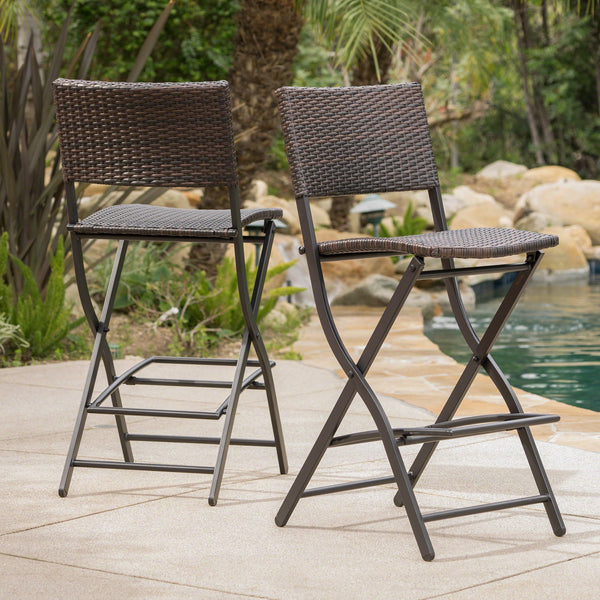 English Elm Outdoor Faux Rattan Folding Barstools Weather Resistant Woven Patio Seating Set N772P427926B