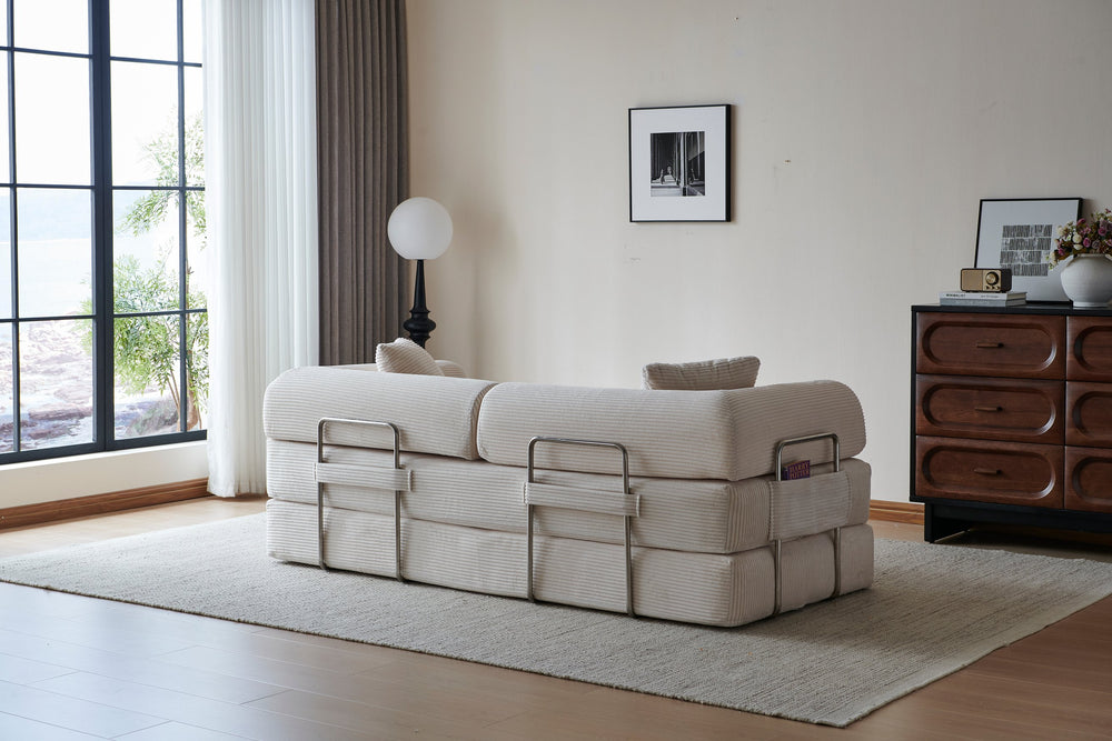 English Elm 78.8" Corduroy Modular Floor Sofa Convertible Sleeper Futon with Pillow Back Support Off White W5617P456003