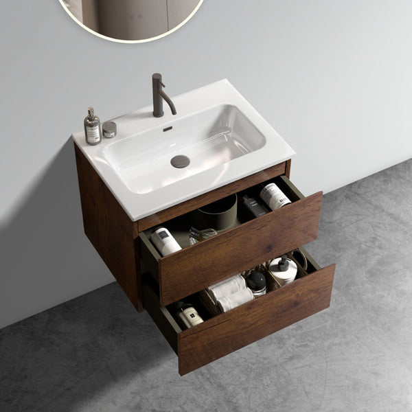 English Elm Wall Mount 24" Walnut Bathroom Vanity With Ceramic Sink – Space-Saving Design & Soft-Close Drawers W1865S00054-GIGA
