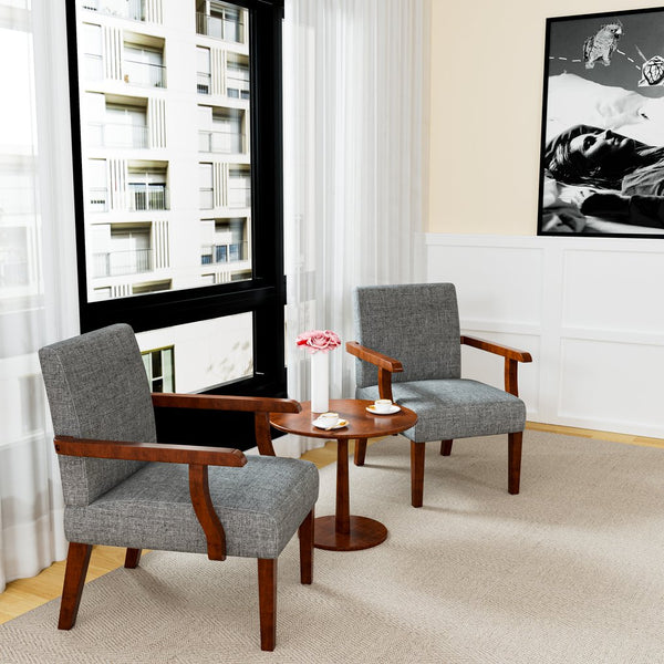 English Elm Fabric Accent Arm Chair Set with Round Wood Side Table — Durable Hardwood Frame, Cozy Seating for Small Spaces Grey W1420P188103