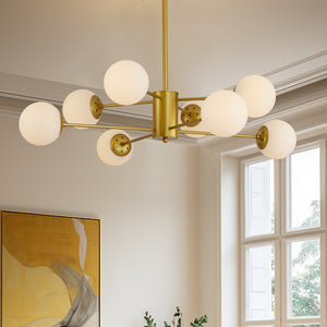 English Elm 35" Mid-century Branching Chandelier Eight Frosted Globe Shades Gold Iron Frame W2312P471909