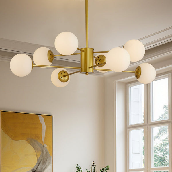 English Elm 35" Mid-century Branching Chandelier Eight Frosted Globe Shades Gold Iron Frame W2312P471909