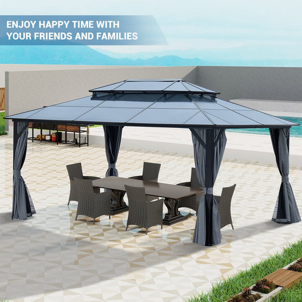 English Elm 12' X 16' Gazebo Hardtop Canopy With Netting & Curtains - Stylish Aluminum Pavilion For Outdoor Events W765S00009