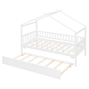 English Elm Twin House Bed with Trundle Solid Pine Frame Walnut Kids Bedroom Sleepover N708P357115K