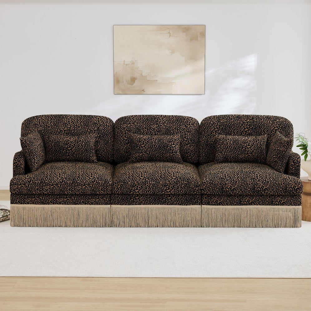 English Elm 100" Leopard Chenille Sectional Sofa with Tassel Trim Deep Seat Modular Living Room Couch Brown W5656S00013
