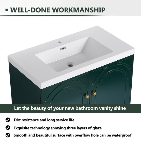 English Elm 36" Freestanding Bathroom Vanity with Resin Sink, Soft-Close Doors, Adjustable Shelf & Metal Handles Dark Green W999S00274