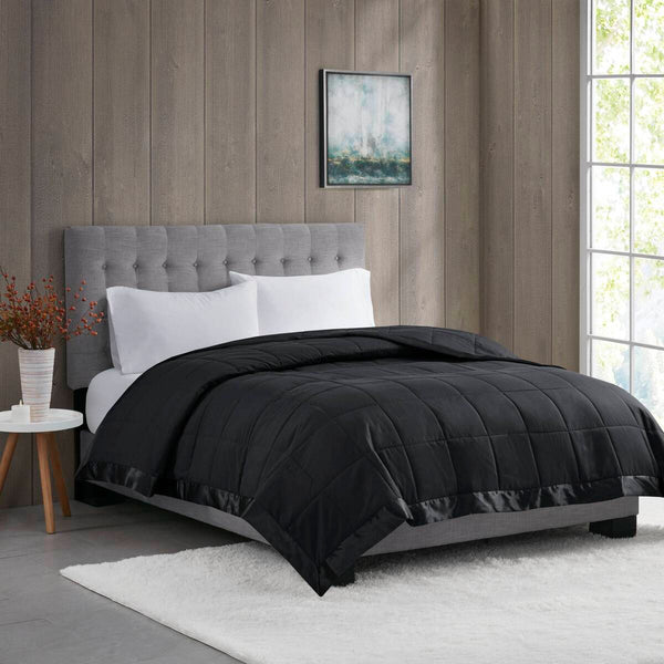 English Elm Lightweight hypoallergenic down alternative blanket with satin trim, breathable summer weight, Oeko‑Tex certified Black 14.96 L x 7.87 W x 7.87 H B035P266699