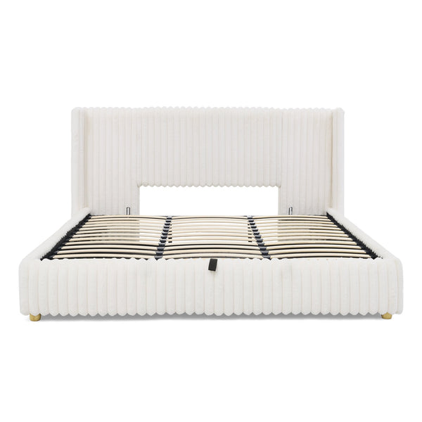 English Elm King Corduroy Upholstered Storage Bed Hydraulic Lift Ribbed Plush Cream Platform W1413S00182