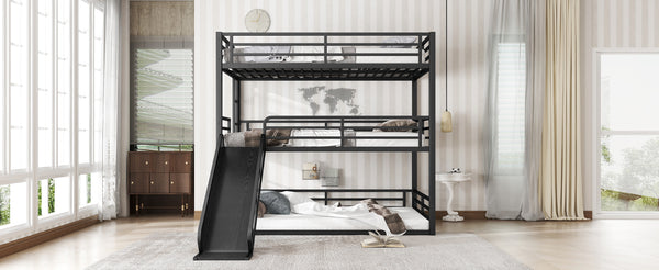 English Elm Full Triple Bunk Bed With Slide - Heavy-Duty Metal Frame, Noise-Reducing Design, Black Finish W1580S00171