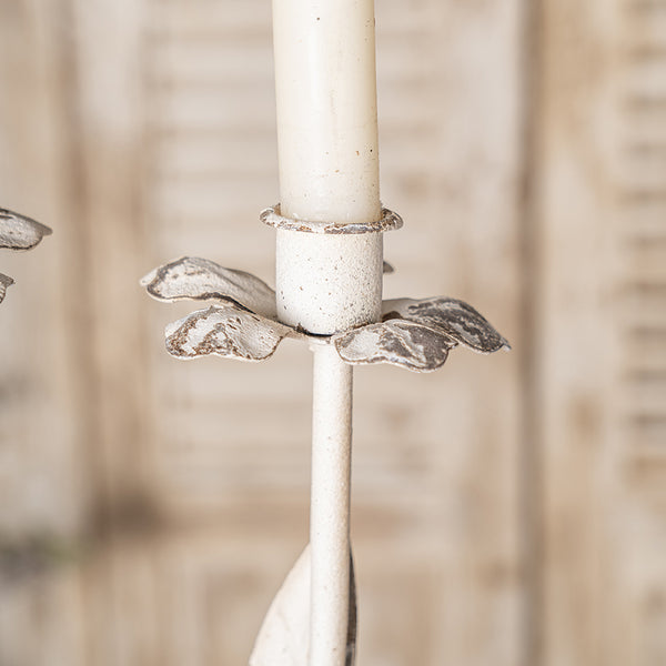 English Elm Vintage Metal Candelabra with Scrollwork Arms and Off-white Patina for Elegant Dining W2946P243906