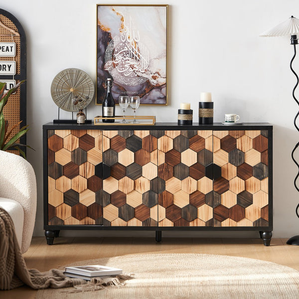 English Elm Distressed Honeycomb Storage Cabinet with Wood Knobs, Mid-Century Modern Sideboard Buffet in Black Brown W3040P382292