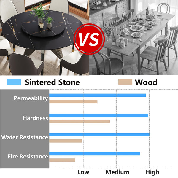 English Elm 59.05" Round Marble Dining Table With Silver Stainless Steel Base, Lazy Susan For 6-8 Guests, Elegant Design W1535S00392