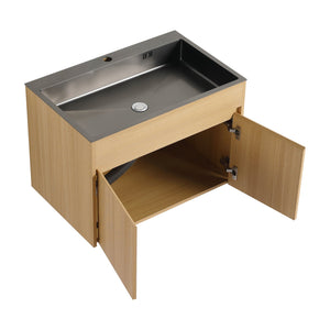 English Elm 28" Wall Mounted Bathroom Vanity with Gun-Gray Stainless Sink, Soft-Close Doors, Plywood, Oak Finish, KD W999P376889