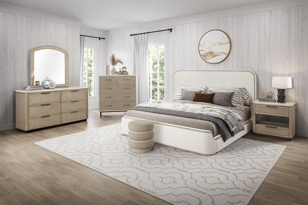 English Elm Queen Upholstered Bed Rounded Headboard Tailored Trim Low Profile Neutral Fabric Frame B2699S00080