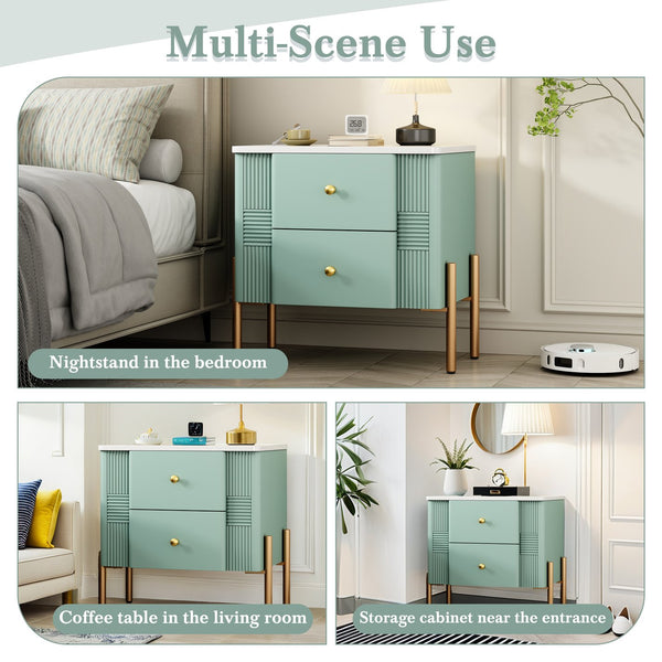 English Elm Christopher Knight Home® - Modern Fluted Nightstand with Two Drawers and Gold Legs, Sleek Textured Bedside Table for Stylish Storage and Easy Cleaning Green 23 L x 18 W x 18 H N761P285710F