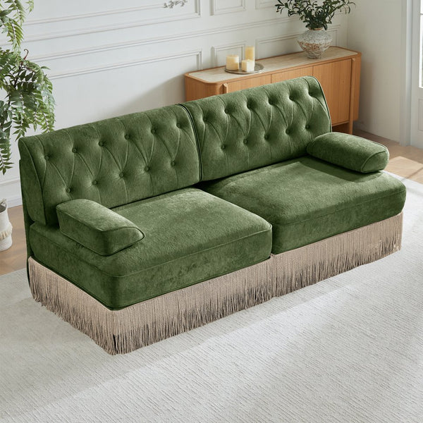 English Elm Soft Velvet Chesterfield Sectional Sofa Tufted Tassel Fringe Skirt Modular Living Room Green W714S01703