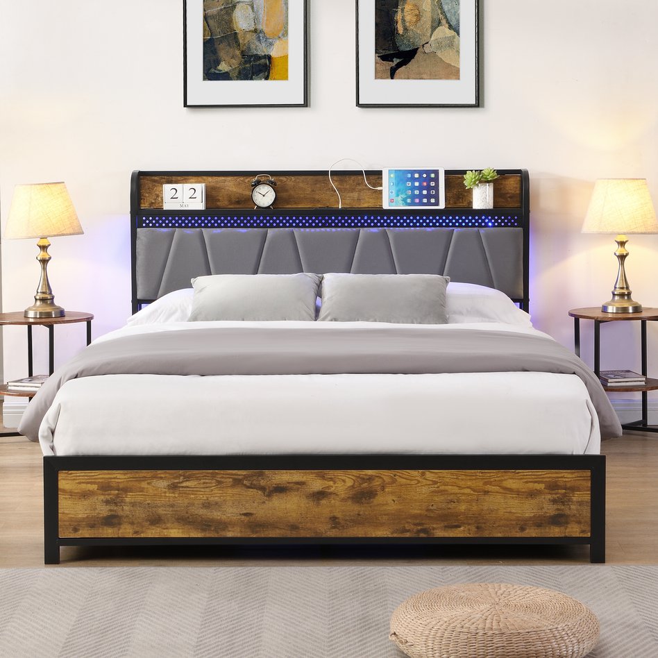 English Elm Queen Platform Bed with Led Headboard Charging Station and Four Under Storage Drawers W311P187978