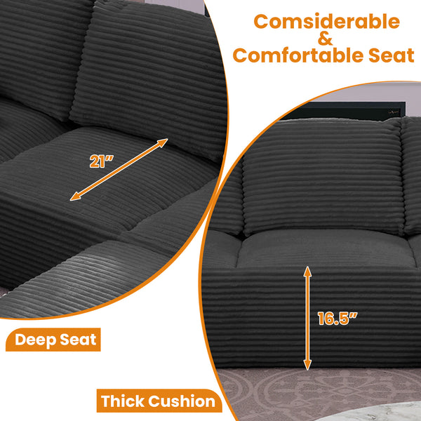 English Elm 103.5" Cloud Sectional Couch with L-Shape Chaise - No Assembly Modular Sofa, Plush Corduroy, Deep Seat Comfort Black T3801S00006