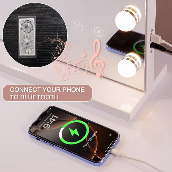 English Elm Vanity Mirror With Bluetooth Speaker & Usb Charge Port, 31.5''X22.8'' Large Led Makeup Mirror W3660P373022-GIGA