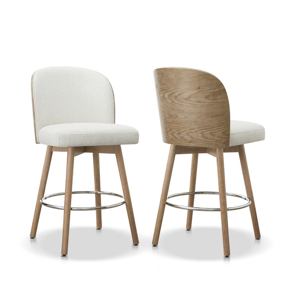 English Elm Jennifer Taylor Home - Tomlin Bentwood Swivel Counter Stools Set of 2 Off-White Bouclé — 360° Swivel, Padded Seats, Chrome Footrest, Solid Wood Legs B2719P328583
