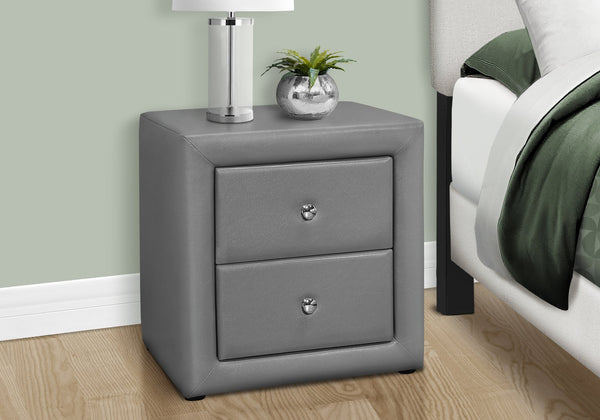 English Elm Nightstand, Upholstered Leather-Look Accent Table with Two Drawers, Chrome Knob, No Assembly Required Grey 22 L x 17 W x 22 H B2710P219501